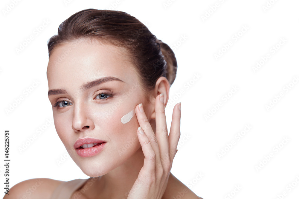Face Makeup. Sexy Woman Applying Foundation Cream On Skin