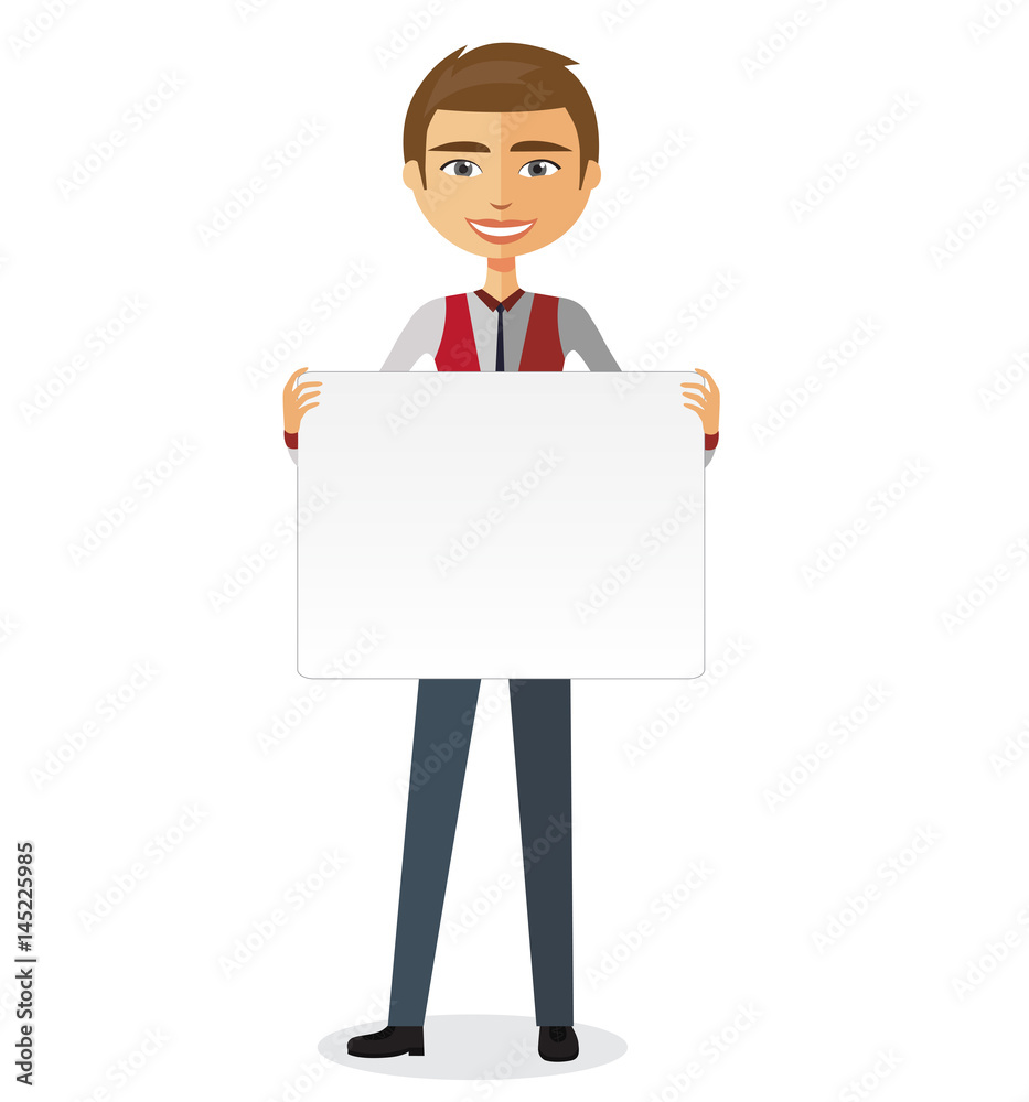 Businessman holding white blank poster vector illustration. Businessman holding white blank poster vector illustration.