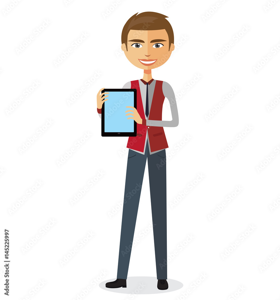 Happy blond businessman showing something important on the tablet vector illustration. Happy blond businessman showing something important on the tablet vector illustration.