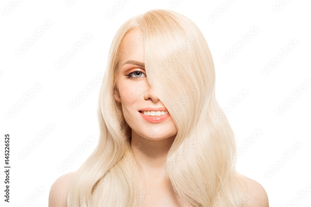 Portrait Of Beautiful Young Blond Woman With Long Wavy Hair. Isolated. Portrait Of Beautiful Young Blond Woman With Long Wavy Hair. Isolated.