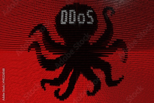 DDoS octopus in the form of binary code, 3D illustration photo