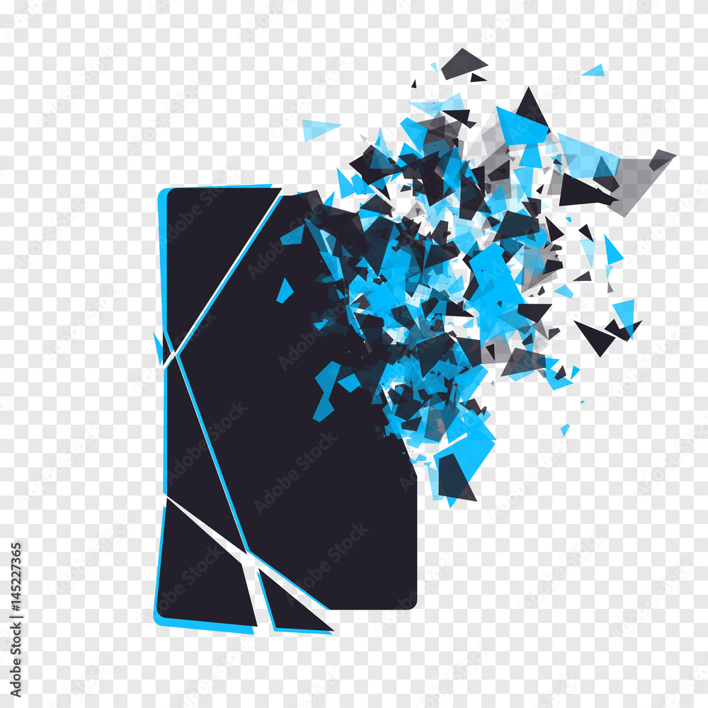 Cracked phone screen shatters into pieces. Broken smartphone split by