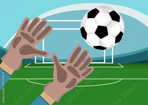 Image of goalkeeper hands with gloves holding a soccer ball. Stadium with Football field and gates on background.Vector illustration in flat style.