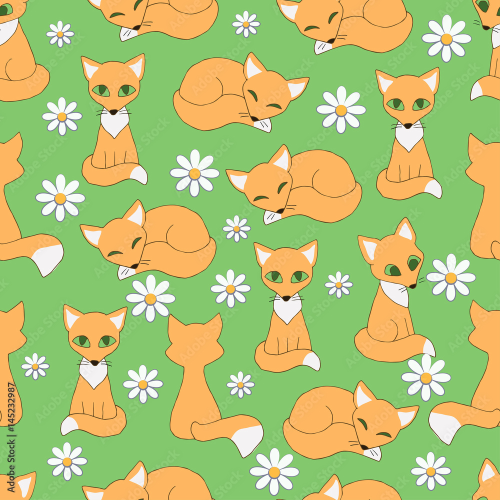 Naklejka premium Little foxes and chamomiles. Seamless pattern on green background.