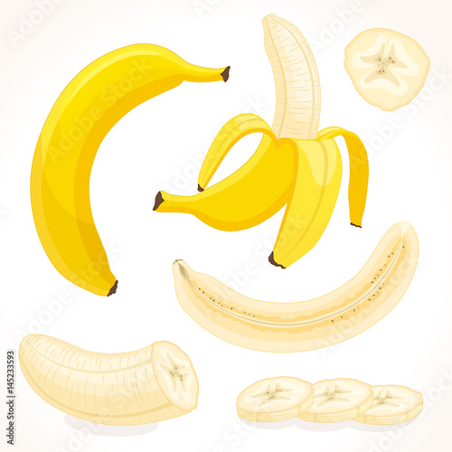 Vector banana in various forms. Whole, sliced, half of banana isolated on white background. Illustration in cartoon style.