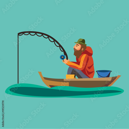 Flat fisherman hat sits on boat with trolling fishing rod in hand and catches bucket, Fishman crocheted spin into the sea waiting big fish funny vector illustration, Man active banner concept.