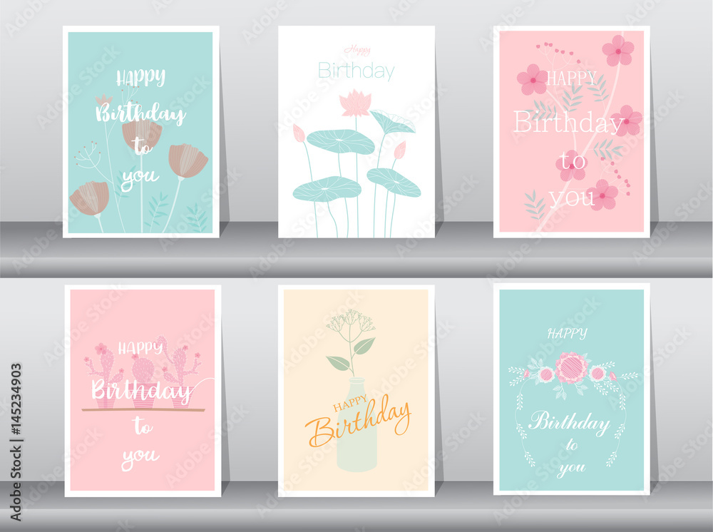 Set of Birthday card,poster,template,greeting cards,flower,Vector illustrations