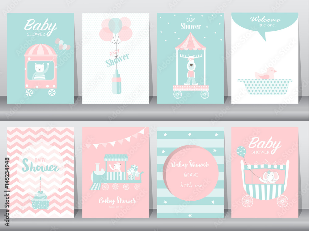 Set of baby shower invitation cards,birthday cards,poster,template,greeting cards,cute,bear,train,car,animal,Vector illustrations 