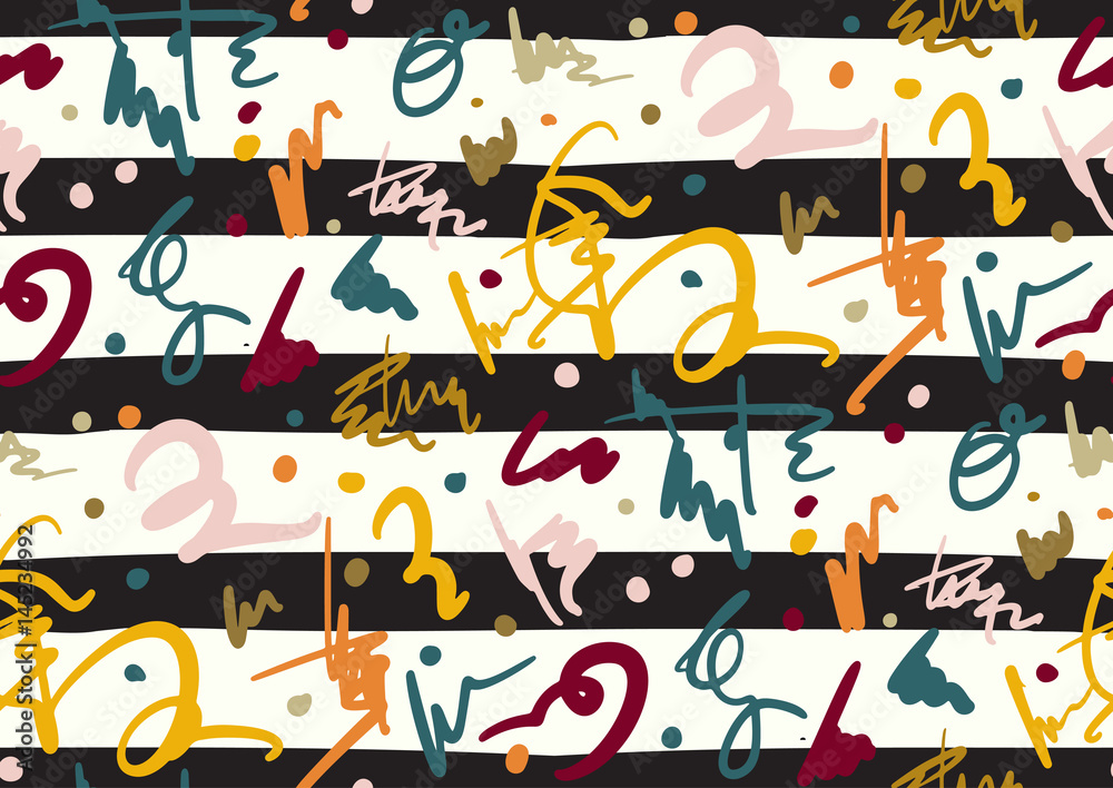 Vector seamless pattern with hand drawn brush strokes and stripes hand painted. Black, golden, white, pink, green, blue colors Vector seamless pattern with hand drawn brush strokes and stripes hand painted. Black, golden, white, pink, green, blue colors