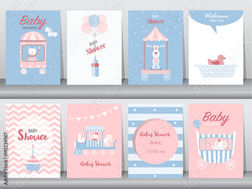 Set of baby shower invitation cards,birthday cards,poster,template,greeting cards,cute,bear,train,car,animal,Vector illustrations