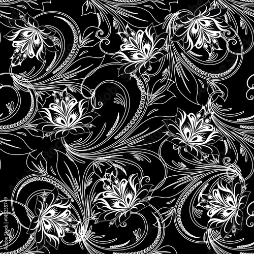 Floral seamless pattern. Black background wallpaper illustration with white vintage line art russian ornament, swirl leaves and flowers. Vector flourish texture for fabric, prints, textile