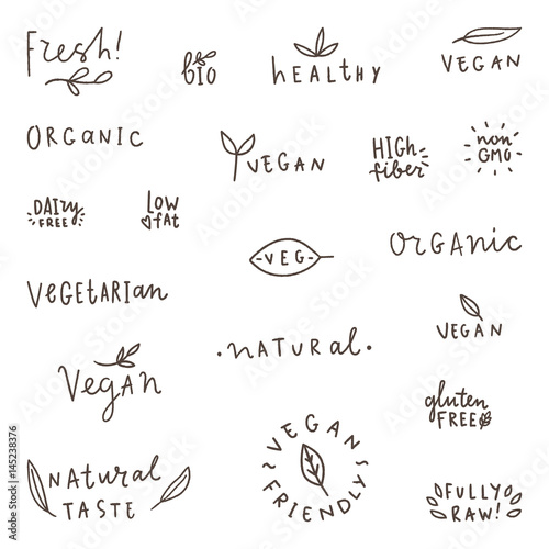 Set of natural, organic, vegetarian vegan bio labels. Vector hand written words. 