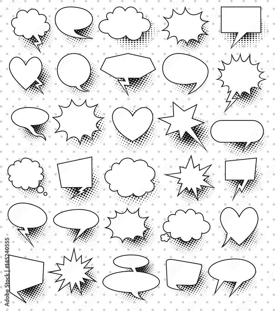 Naklejka premium A set of comic speech bubbles and elements with halftone shadows.