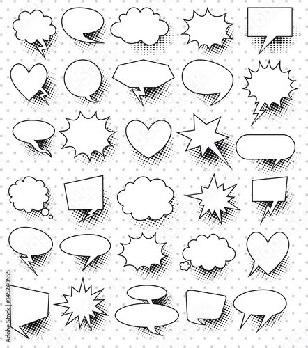 A set of comic speech bubbles and elements with halftone shadows.
