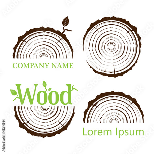 Set a cross section of the trunk with tree rings. Vector illustration. Logo. Tree growth rings. Tree trunk cross-section. flat icon.