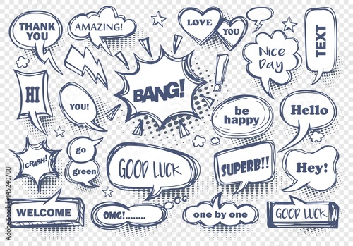 set of speech bubbles with dialog words  Hello  Love  chat  welcome  thank you  bang amazing