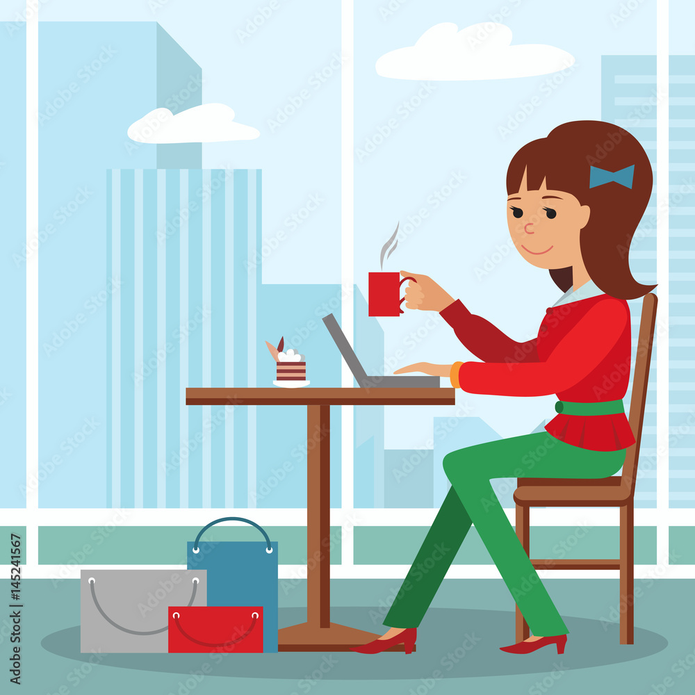 Young girl sitting at table drinking coffee and  using laptop. Vector illustration of template for menu, brochure, flyers   in cafe.