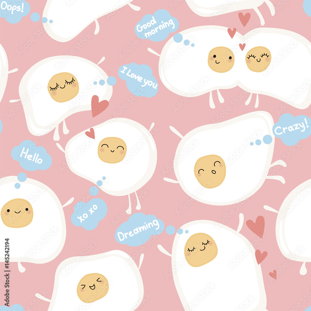 Very cute pattern with smiling eggs. Seamless pattern with funny food. Breakfast background. Vector illustration. Very cute pattern with smiling eggs. Seamless pattern with funny food. Breakfast background. Vector illustration.