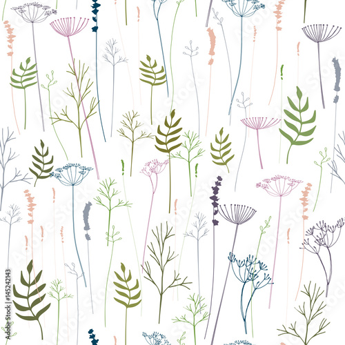Seamless hand drawn vector pattern with meadow plants. Thin delicate lines silhouettes of different herbs and flowers - lavender, dill, fennel. Pastel colors on white background.