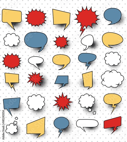 A set of comic speech bubbles and elements with halftone shadows.