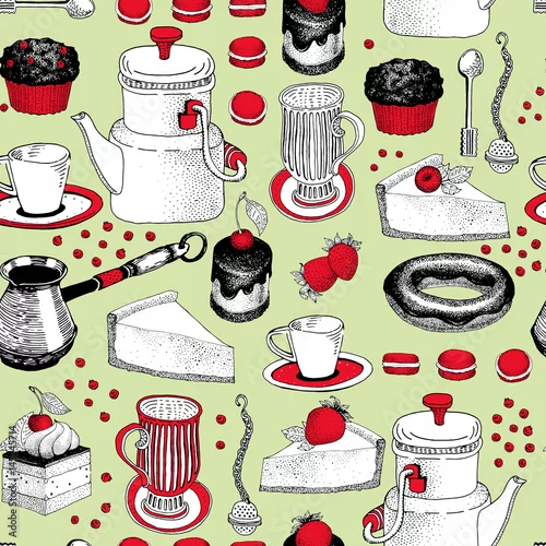 Tapety Wektor wzór z ręcznie rysowane ilustracje do herbaty i kawy oraz deser. Może być stosowany do piekarni, ciast, kawiarni, sklepów i produktów.