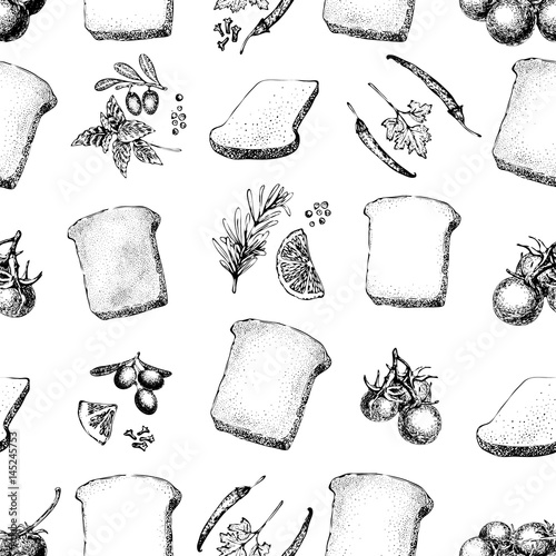 Seamless vector pattern with toasts, olives, tomatos, spices. Sandwich graphic design. Retro hand drawn illustration