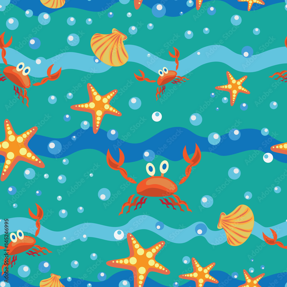 Sea shells, starfish and crabs. Seamless pattern. Design for textiles, tapestries, packaging materials, paper with children's cartoon characters, sea creatures.
