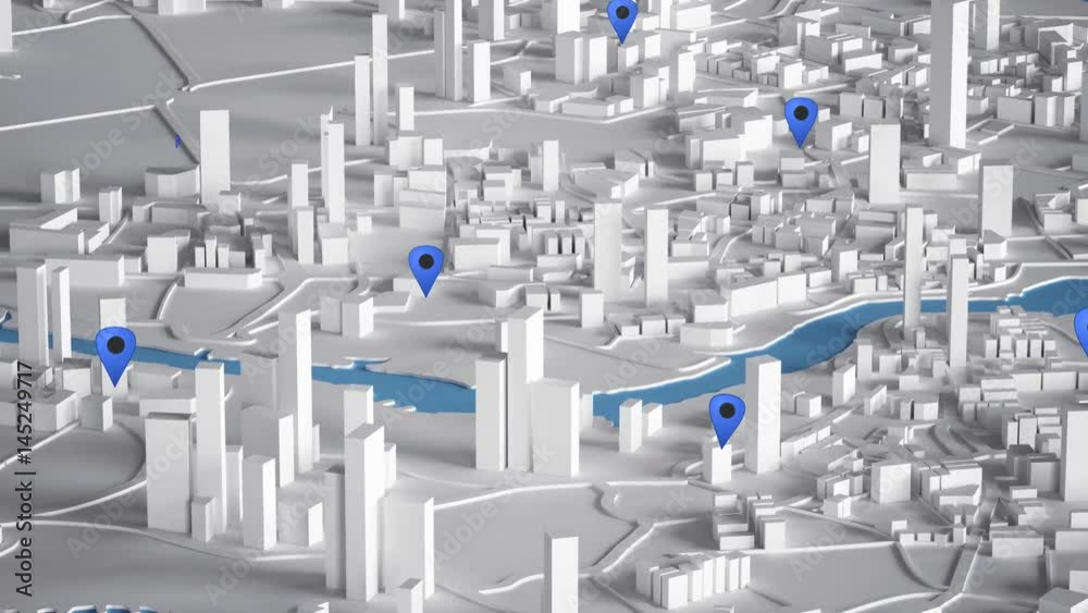 Aerial View of City Buildings 3D Rendering With Blue Point Map 4K Animation