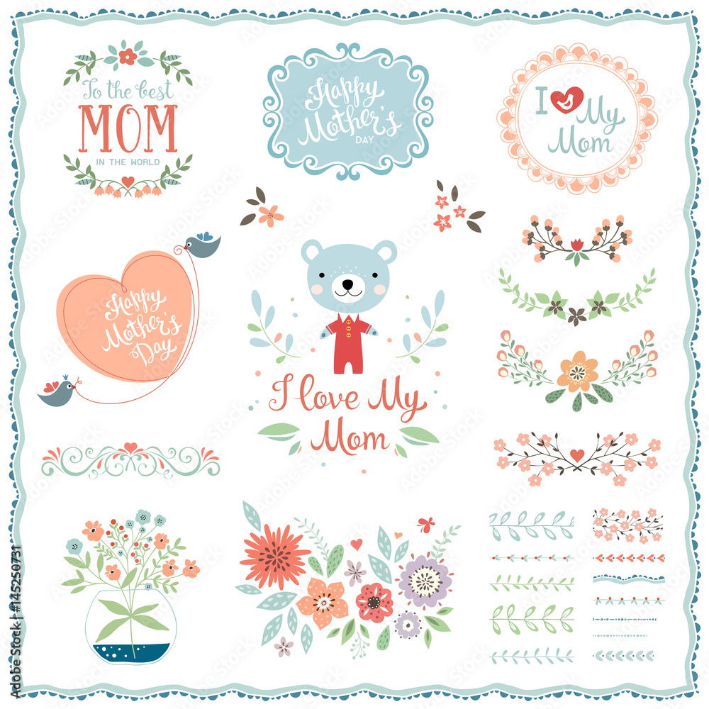 Mother's Day set with typographic design elements. Flowers, branches, brushes, wreath, birds, Teddy Bear and floral bouquet in vase. Vector illustration.