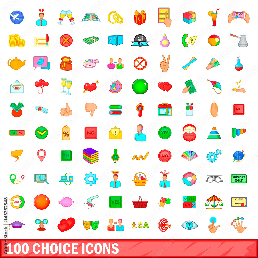 100 choice icons set, cartoon style 100 choice icons set, cartoon style