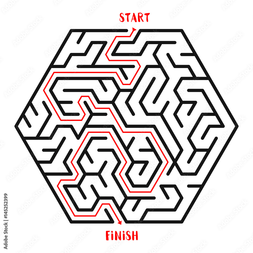 Hexagonal Maze Game background. Labyrinth with Entry and Exit. Vector Illustration.