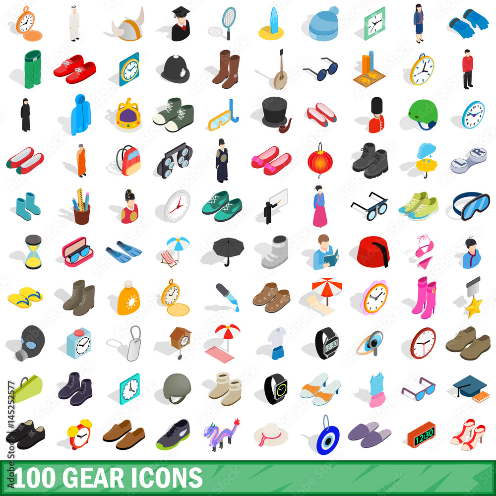 100 gear icons set, isometric 3d style