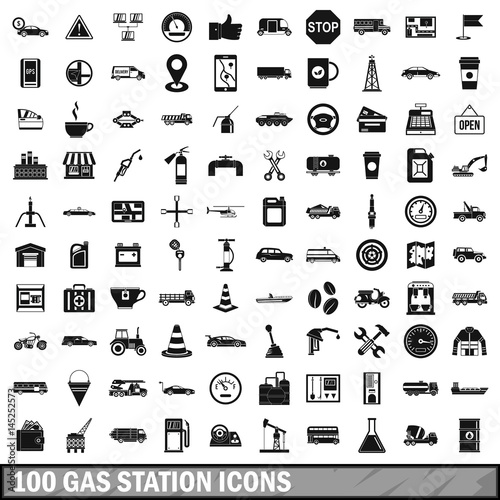 100 gas station icons set, simple style 
