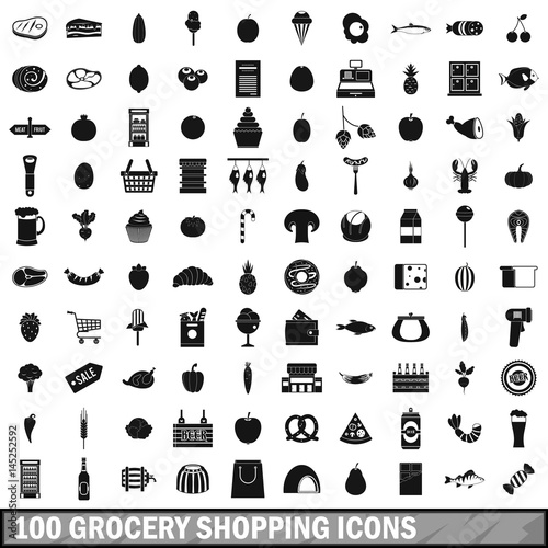 100 grocery shopping icons set, simple style 