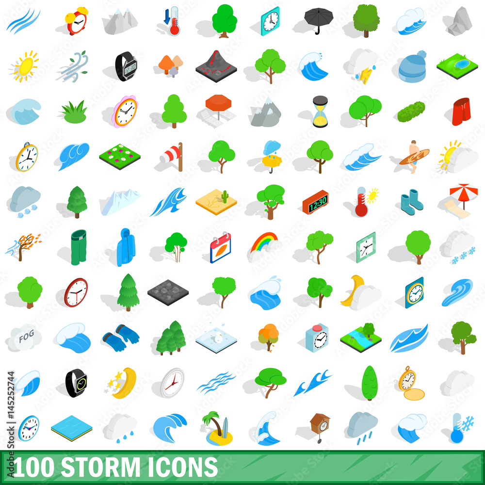 100 storm icons set, isometric 3d style 100 storm icons set, isometric 3d style