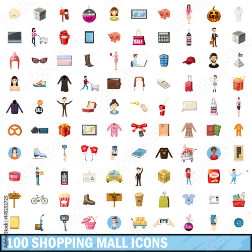 100 shopping mall icons set, cartoon style