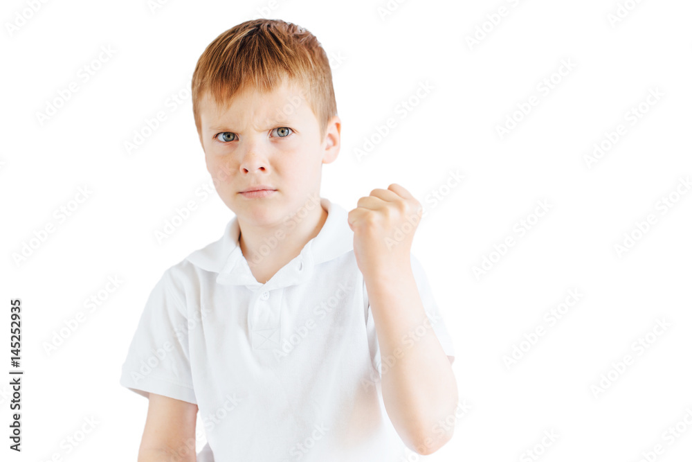 Little boy stand on white background and show his emotions Little boy stand on white background and show his emotions