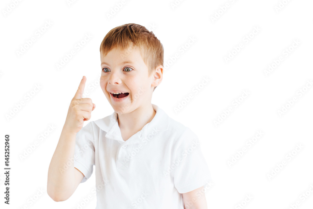 Little boy stand on white background and show his emotions Little boy stand on white background and show his emotions