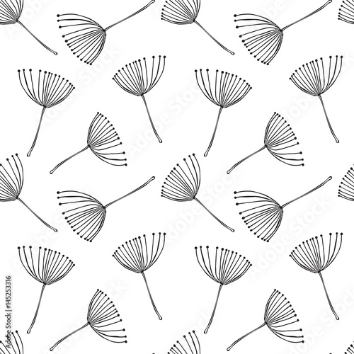 Abstract vector seamless pattern with stylized floral elements similar to dill or fennel flowers. Black on white background florals.