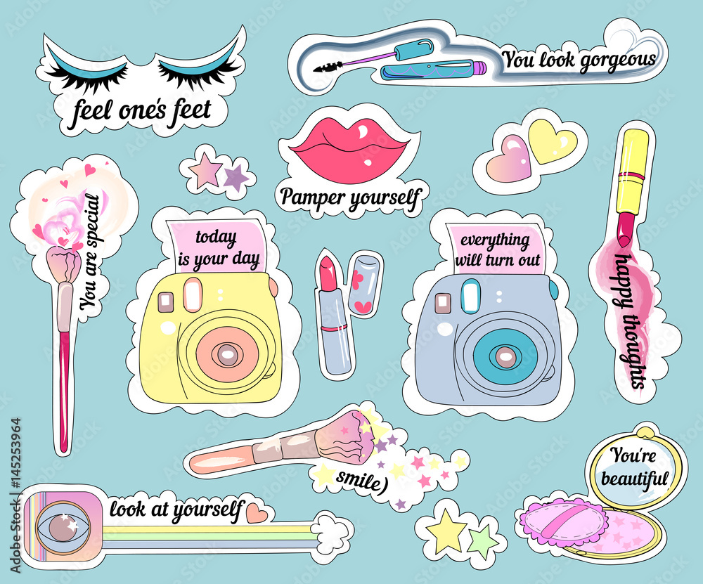 Vector stickers on make-up theme and positive motivation cute ...