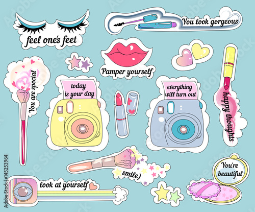 Vector stickers on make-up theme and positive motivation cute girlish bright