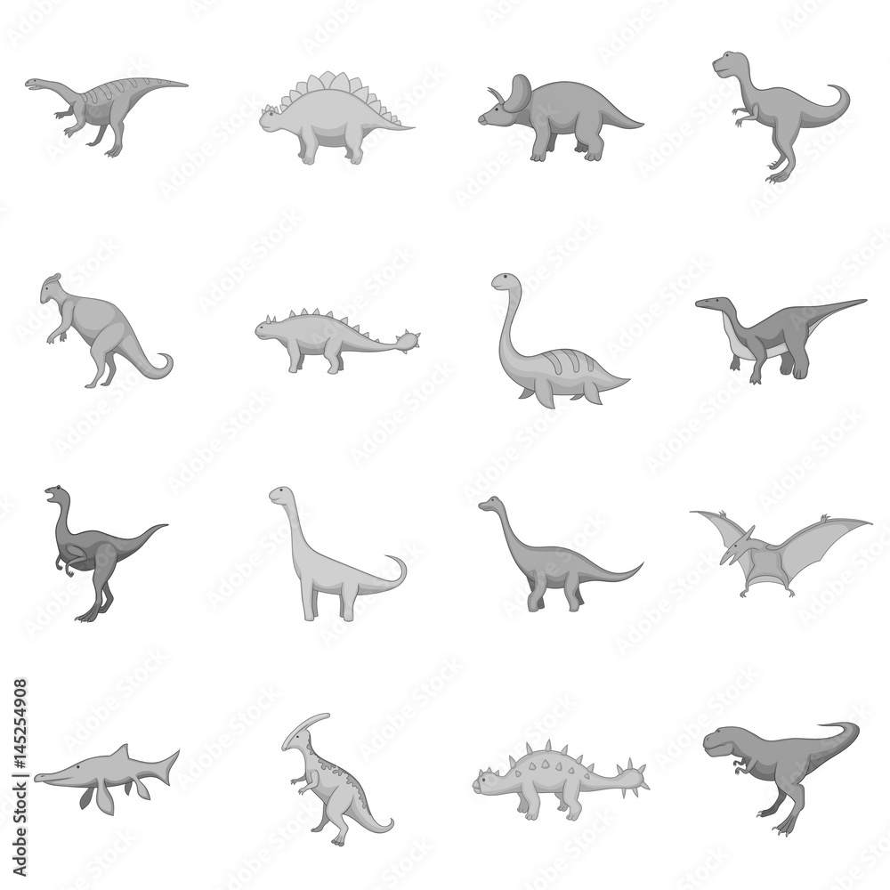 Fototapeta premium Different dinosaurs icons set monochrome