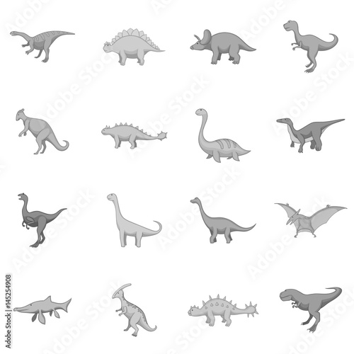 Different dinosaurs icons set monochrome