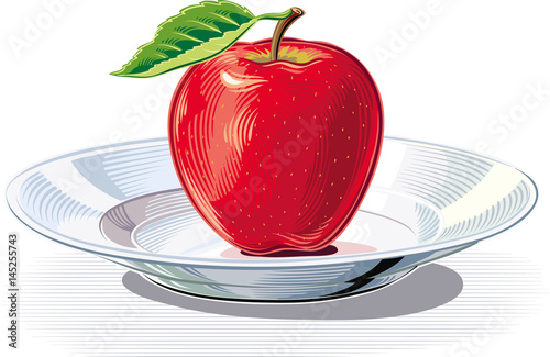 Plate with a ripe red apple.