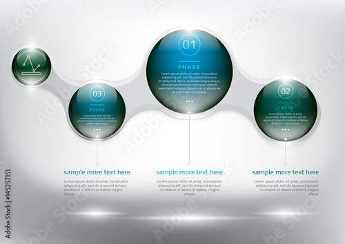 Abstract info graphic with circle elements. Glossy and transparent on the white panel. Use for business concept. 3 parts concept. Vector illustration. Eps10.