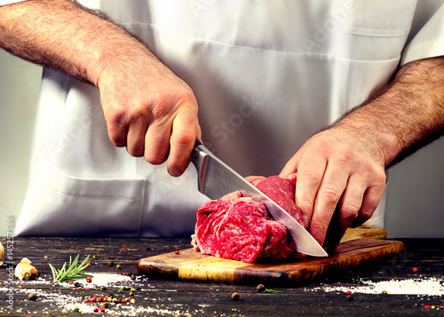 Man cutting raw beef meat