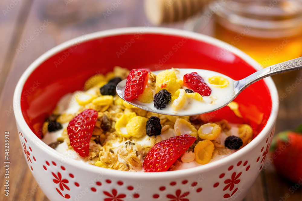 Muesli With Dried Fruit, Strawberries and Milk Muesli With Dried Fruit, Strawberries and Milk