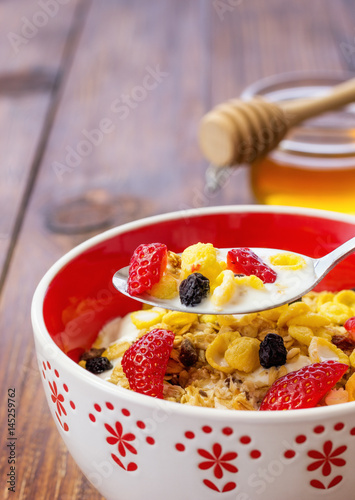 Muesli With Dried Fruit, Strawberries and Milk
