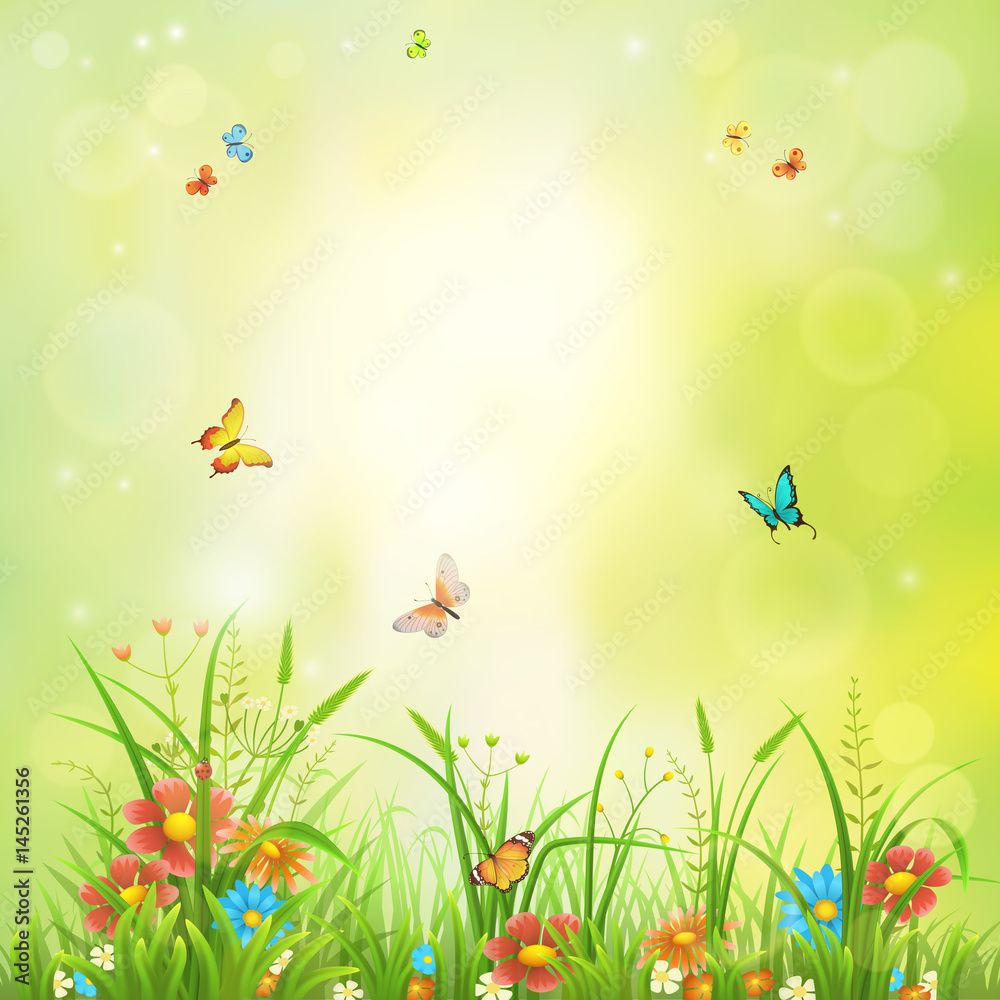 Summer backdrop with green grass, flowers and butterflies