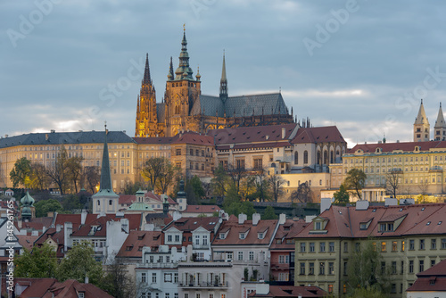 Spring sunset in Prague, view of castle and St. Vitus Cathedral